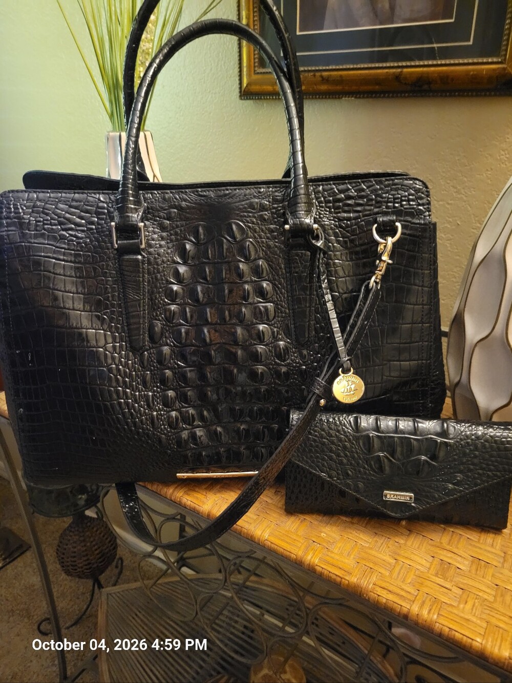 Brahmin Black Croc-Embossed Tote with Matching Wallet